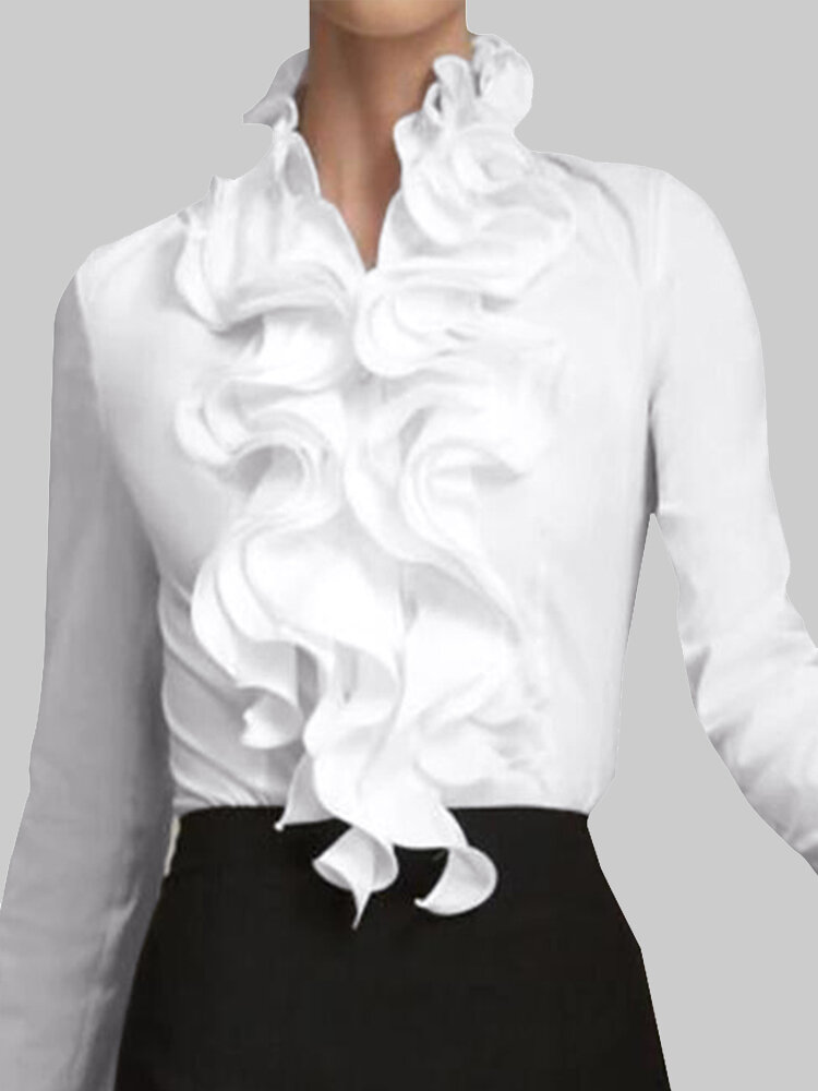 
	Ruffled Decorat Long Sleeve Button Work Elegant Blouse