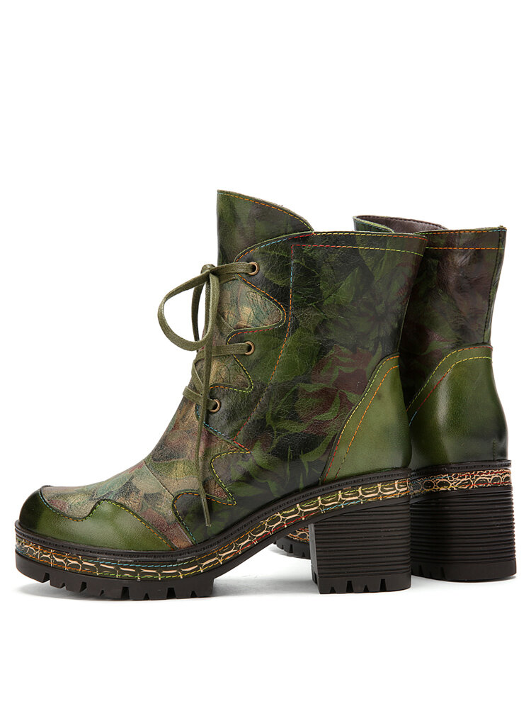 
	Socofy Retro Ethnic Floral Print Leather Side-zip Comfy Warm Lining Chunky Heel Short Boots