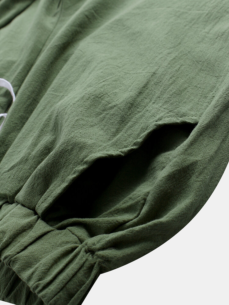 
	Solid Color Casual Drawstring Elastic Waist Soft Cotton Pants