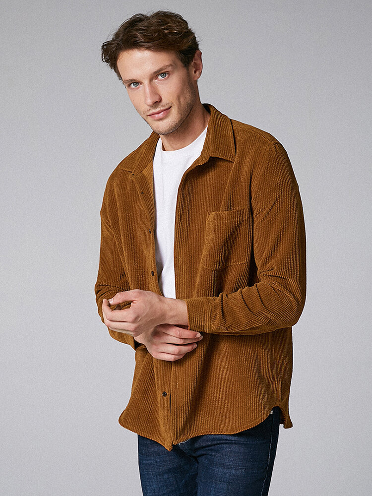 
	Mens Plain Style Corduroy Solid Color Casual Long Sleeve Shirts