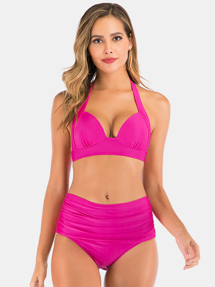 
	Plus Size Women Solid Color Halter Bikini High Waist Swimsuit