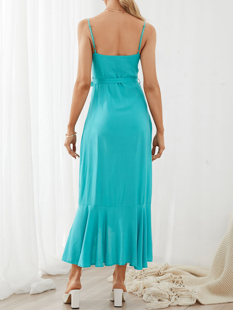 
	Solid Color Sleeveless Backless Knotted Breasted Ruffle Hem Strap Sexy Dress