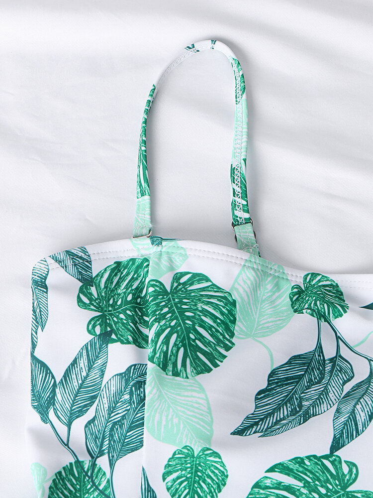 
	Women Leaf Print Ruffle Cover Belly Peplum Tankinis Swimsuit