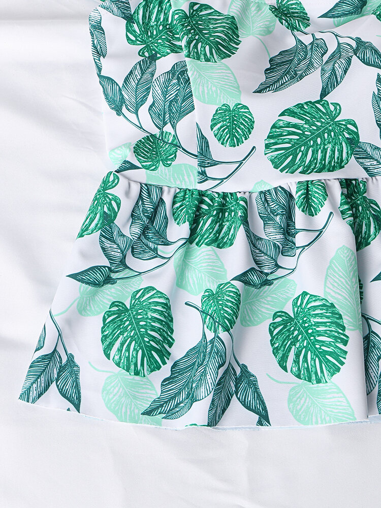 
	Women Leaf Print Ruffle Cover Belly Peplum Tankinis Swimsuit