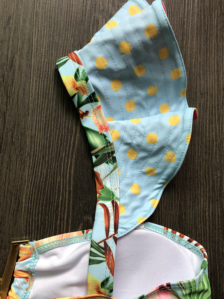 
	Women One Shoulder Floral Printing Bikinis Flounce Trims Backless Beachwear