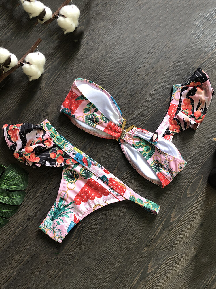 
	Women One Shoulder Floral Printing Bikinis Flounce Trims Backless Beachwear
