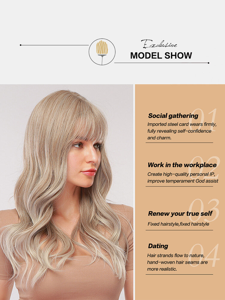 
	26 Inches Light Brown Golden Long Wavy Curly Hair With Air Bangs Natural Elegant Curly Synthetic Wig For Daily Use