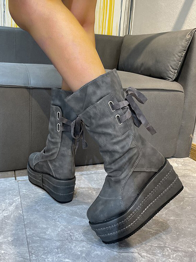 
	Large Size Women Casual Back Lace-up Comfy Platform Mid Calf Boots