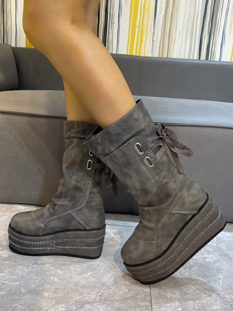 
	Large Size Women Casual Back Lace-up Comfy Platform Mid Calf Boots