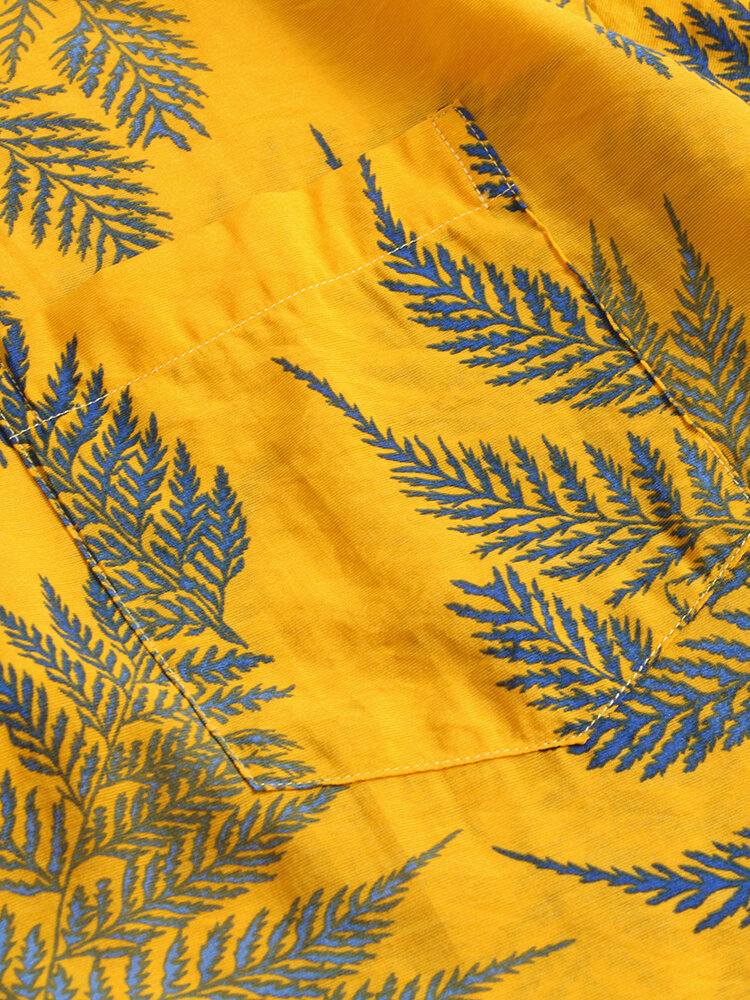 
	Mens 100% Cotton Leaf Printed Chest Pocket Turn Down Collar Short Sleeve Shirts