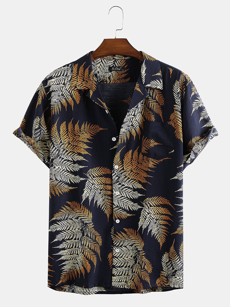 
	Mens 100% Cotton Leaf Printed Chest Pocket Turn Down Collar Short Sleeve Shirts