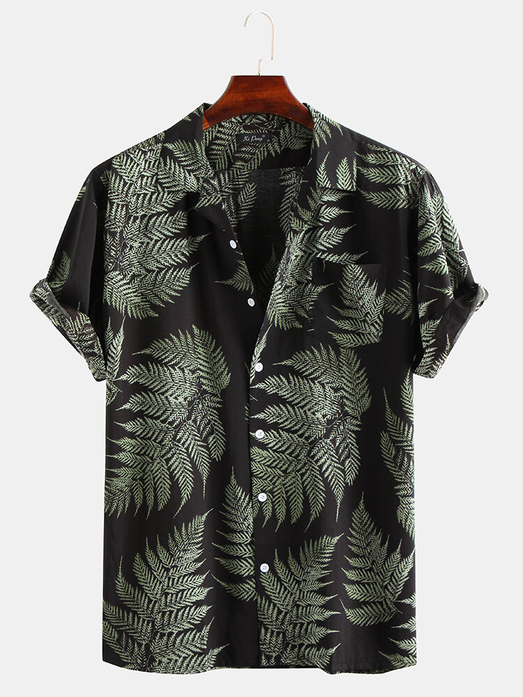 
	Mens 100% Cotton Leaf Printed Chest Pocket Turn Down Collar Short Sleeve Shirts