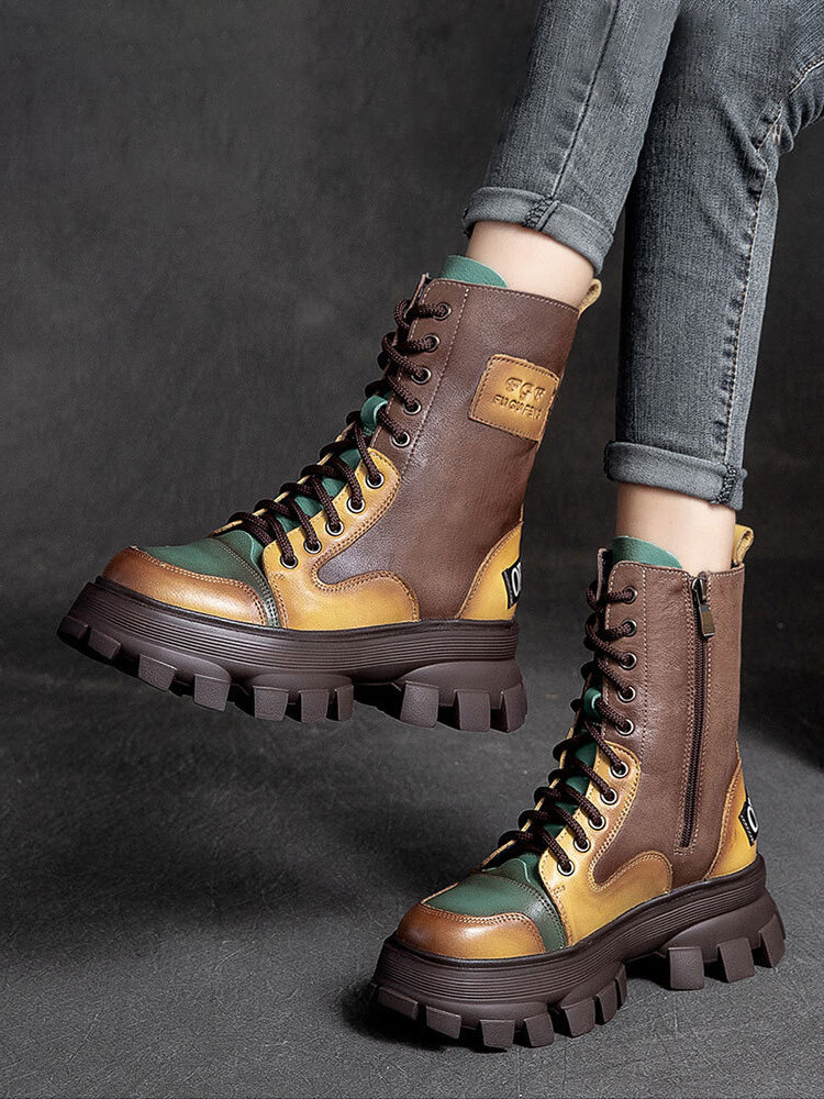 
	Women Casual Colorblock Side Zipper Comfy Platform Tooling Boots
