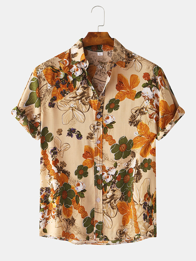 
	Mens Vintage Floral Oil Printting Short Sleeve Shirts