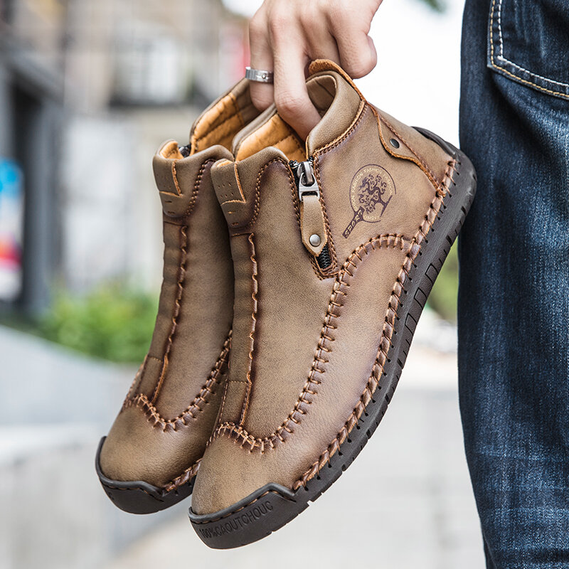 
	Men Stylish Side Zipper Hand Stitching Microfiber Leather Casual Ankle Boots