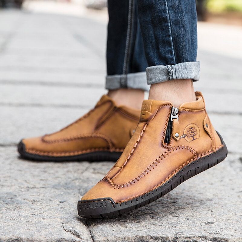 
	Men Stylish Side Zipper Hand Stitching Microfiber Leather Casual Ankle Boots