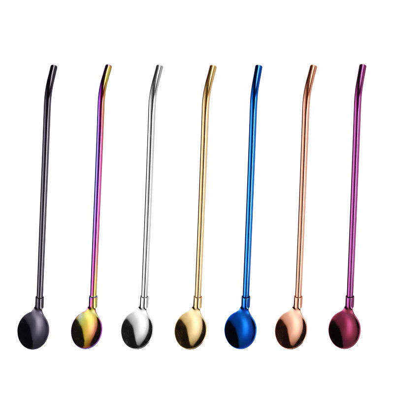 
	Colorful Reusable 2 In 1 Drinking Straws Spoon Stainless Steel Metal Straws Cocktail Milk Coffee