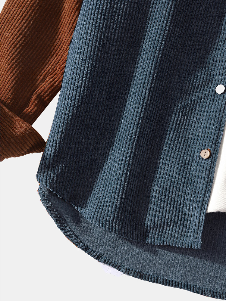 
	Mens Corduroy Colorblock Stitching Drawstring Hooded Shirt With Pocket