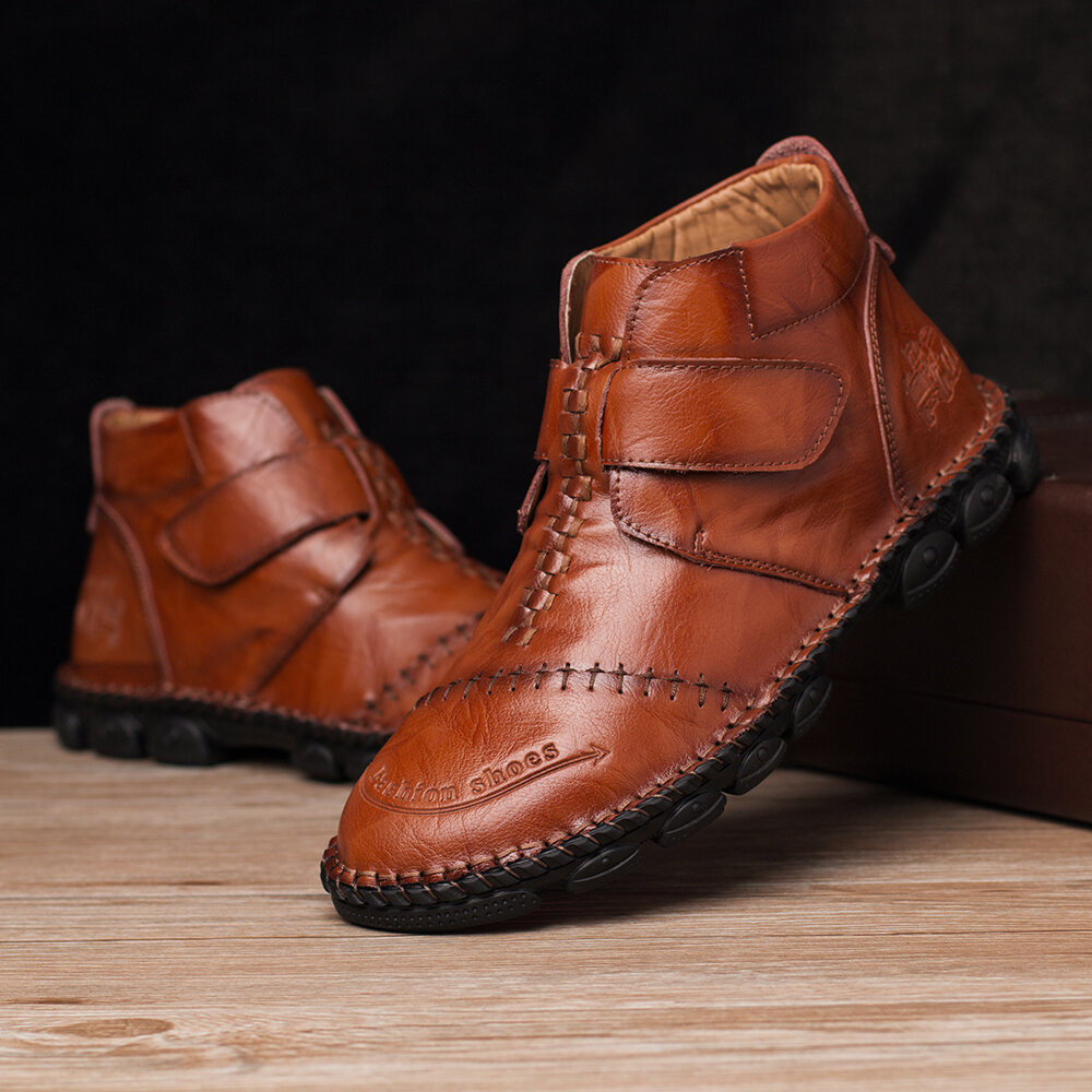 
	Men Hand Stitching Comfort Soft Hook Loop Leather Ankle Boots