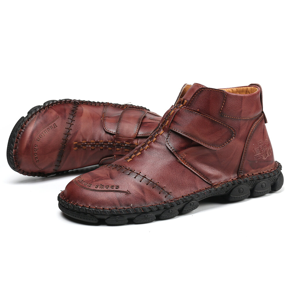 
	Men Hand Stitching Comfort Soft Hook Loop Leather Ankle Boots