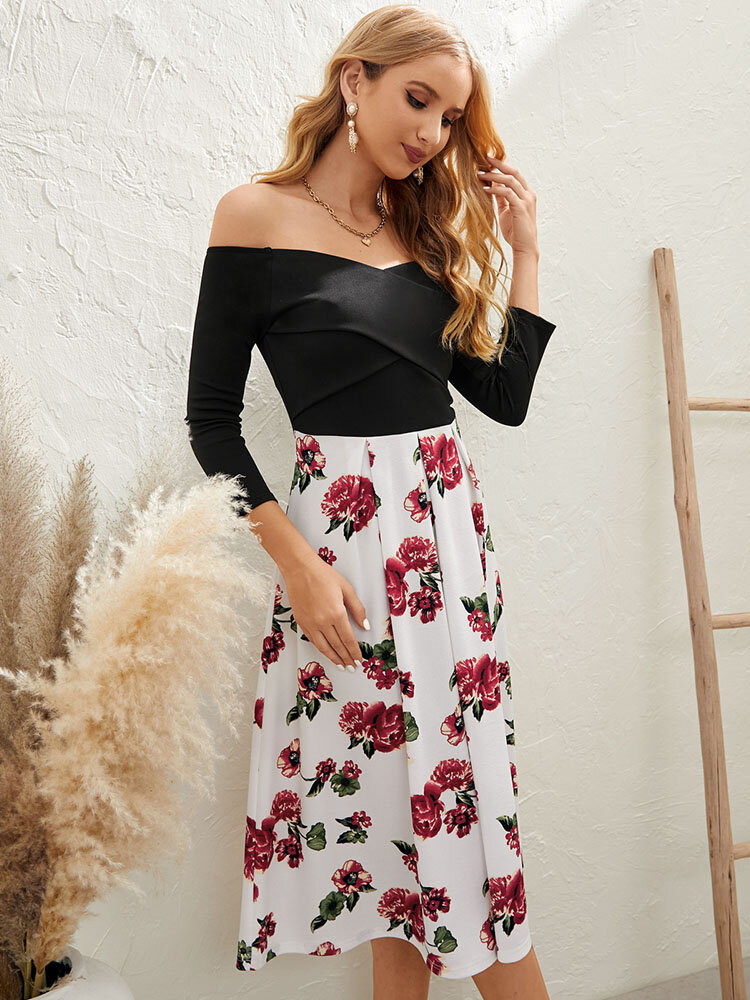 
	Flower Print Stitch Off The Shoulder 3/4 Sleeve Dress