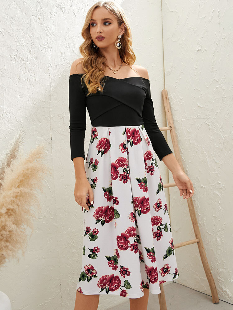 
	Flower Print Stitch Off The Shoulder 3/4 Sleeve Dress