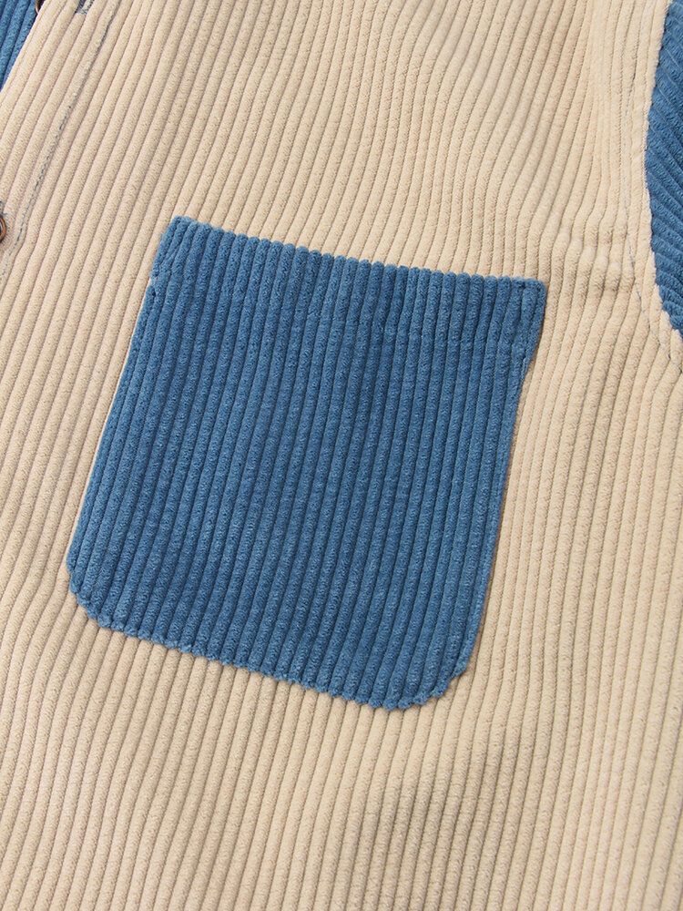 
	Mens Two Tone Corduroy Splice Stand Collar Short Sleeve Shirts