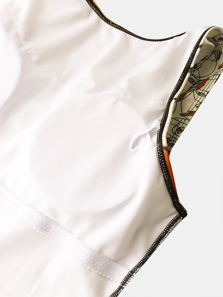 
	Women Abstract Face Line Drawing Print High Neck Sleeveless One Piece Slimming Swimwear