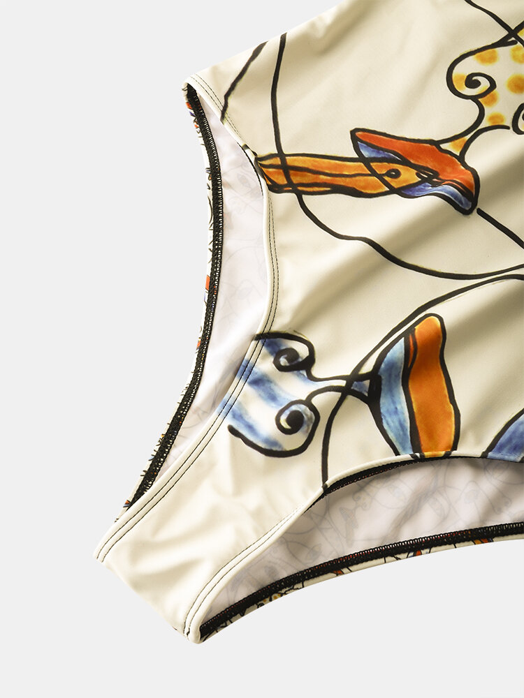 
	Women Abstract Face Line Drawing Print High Neck Sleeveless One Piece Slimming Swimwear