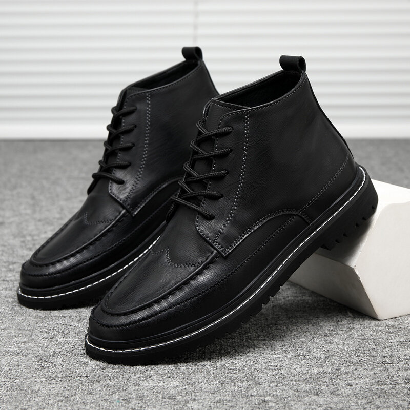 
	Men British Style Round Toe Lace Up Leather Ankle Boots