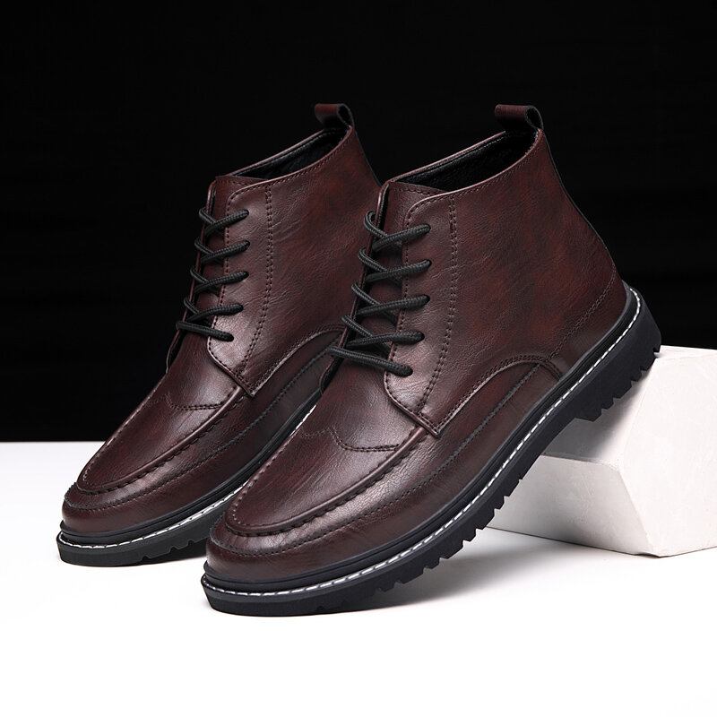 
	Men British Style Round Toe Lace Up Leather Ankle Boots