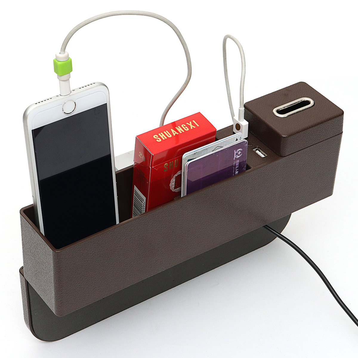 
	2-USB Charger Car Catcher Seat Gap Storage Organiser Box Pocket Coin Box