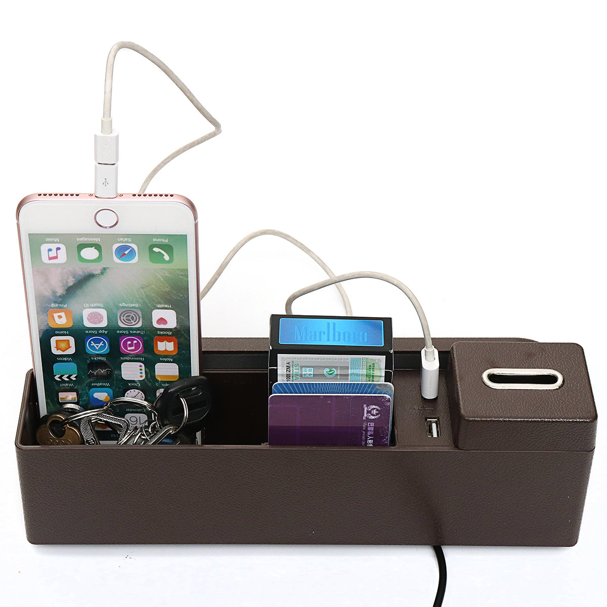 
	2-USB Charger Car Catcher Seat Gap Storage Organiser Box Pocket Coin Box