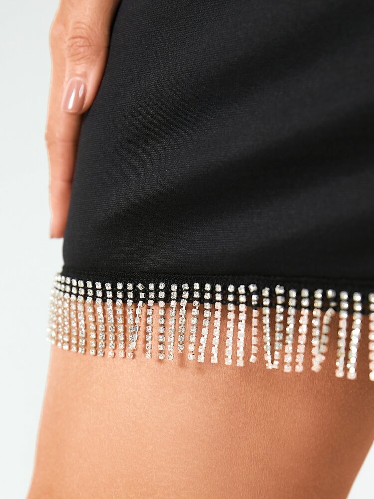 
	Rhinestone Chain Backless Fringe Trim Strap Sleeveless Mini Dress