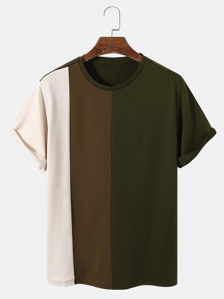 
	Mens Tricolor Patchwork Crew Neck Short Sleeve Preppy T-Shirt