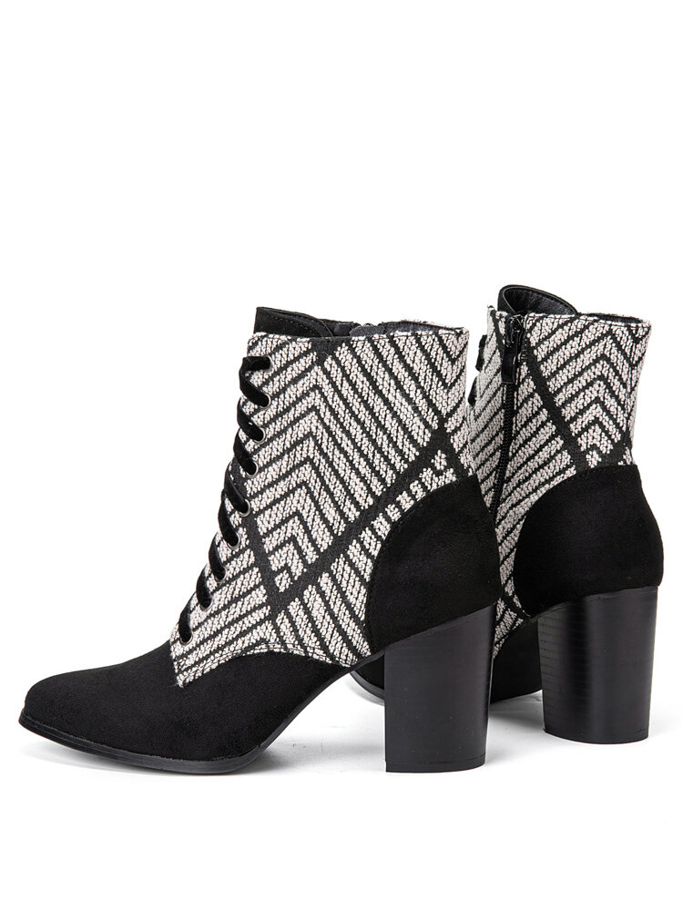 
	Large Size Women Casual Black & White Chevron Pattern Comfy Side-zip Heeled Boots