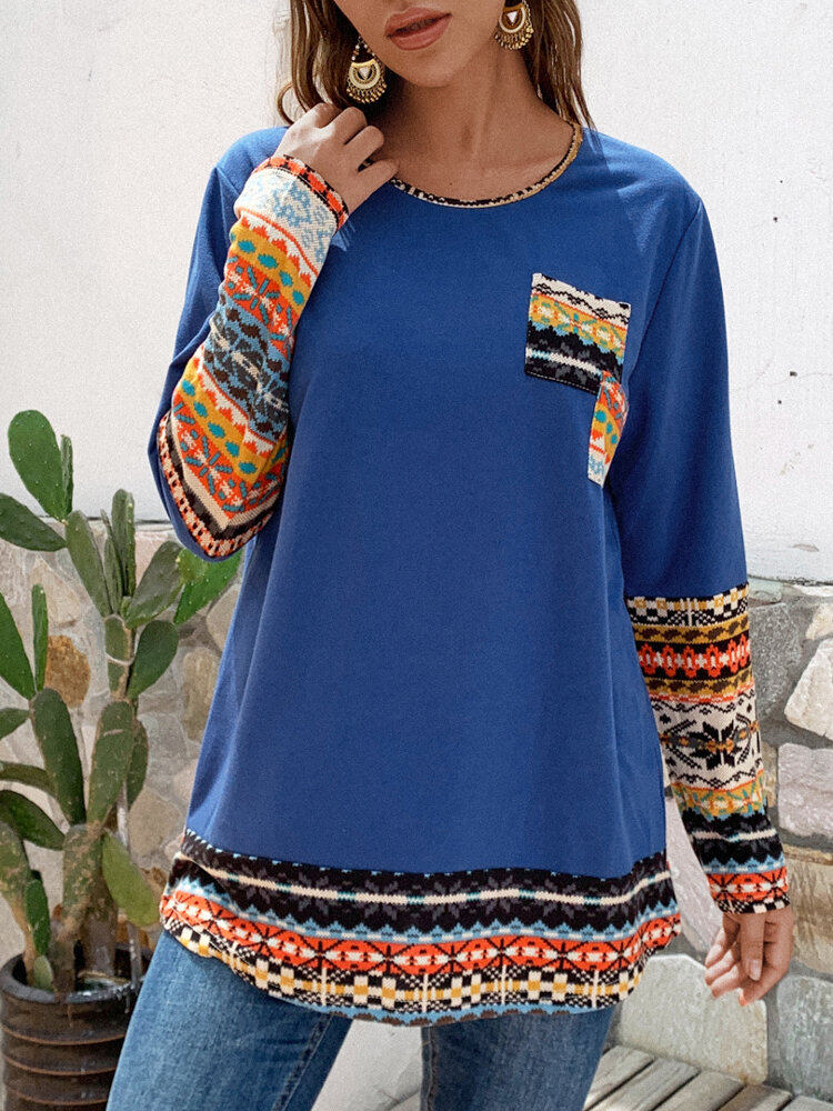 
	Patchwork Crewneck Long Sleeve Casual Plus Size Blouse
