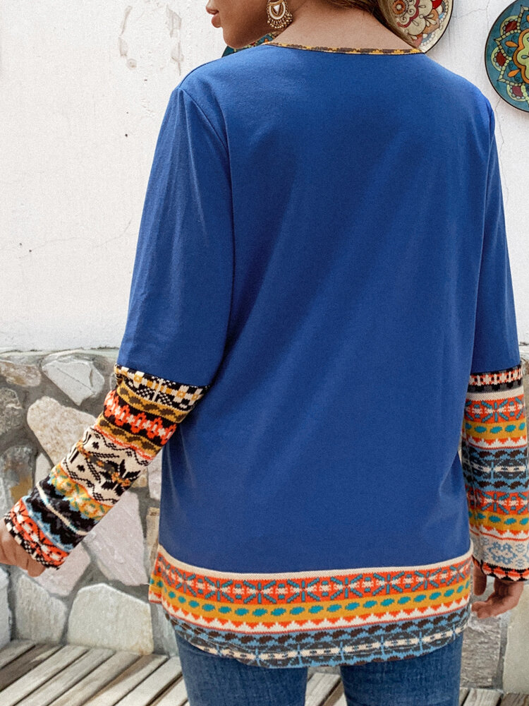 
	Patchwork Crewneck Long Sleeve Casual Plus Size Blouse