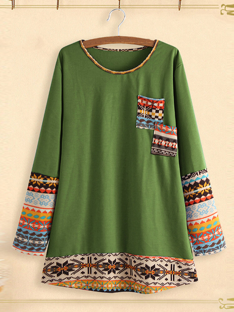 
	Patchwork Crewneck Long Sleeve Casual Plus Size Blouse