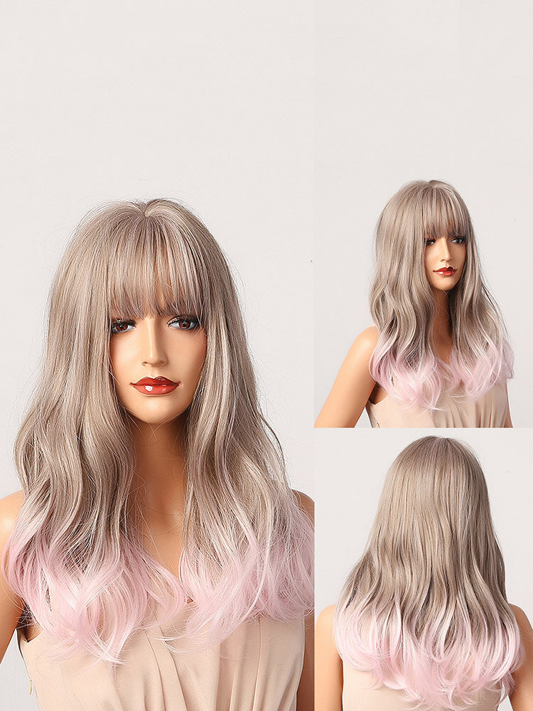 
	Gray-Pink Mid-length Wavy Curly Hair With Air Bangs Natural Curly Fashion Synthetic Wig For Daily Use And Masquerade