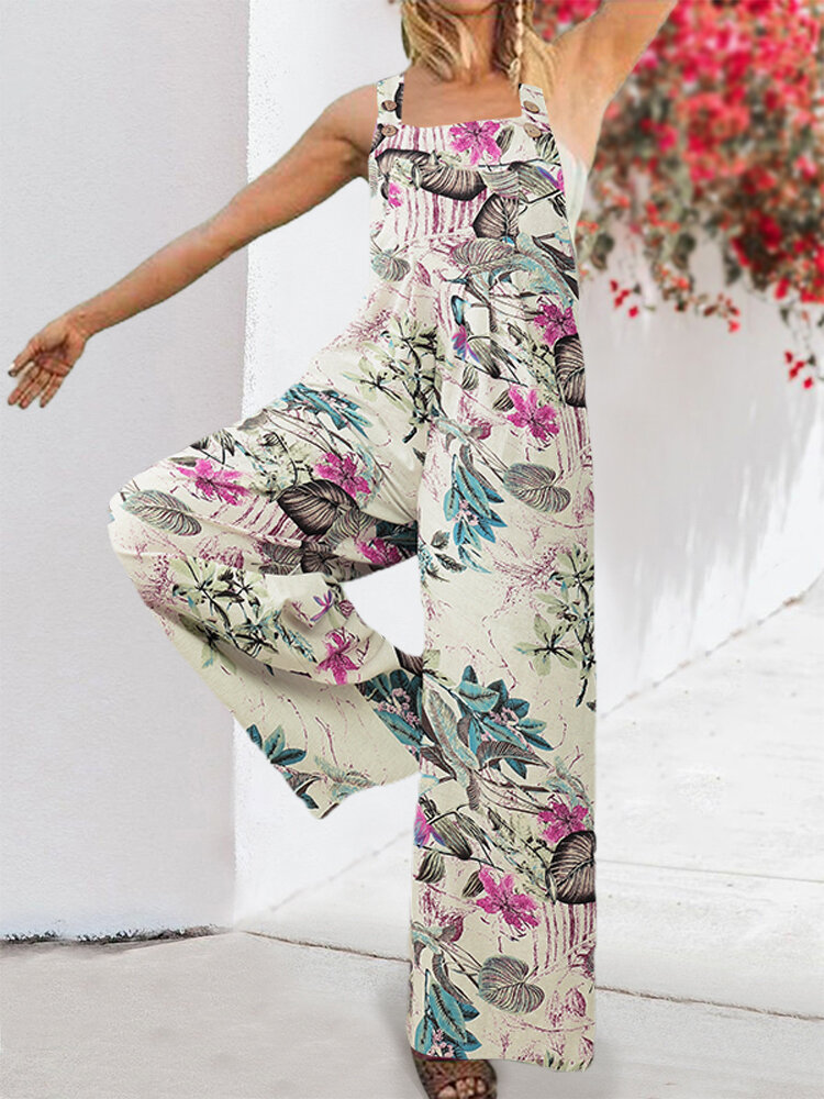 
	Floral Print Wide-legged Pockets Straps Sleeveless Jumpsuits For Women