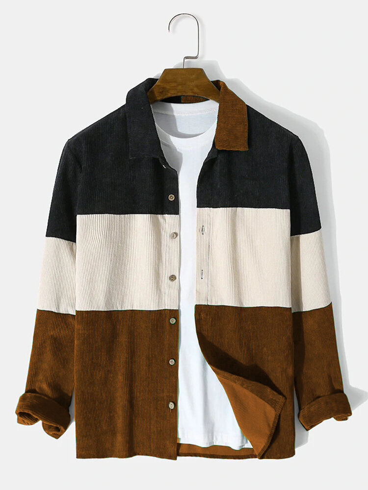 
	Mens Corduroy Color Block Panel Stitching Casual Long Sleeve Shirts