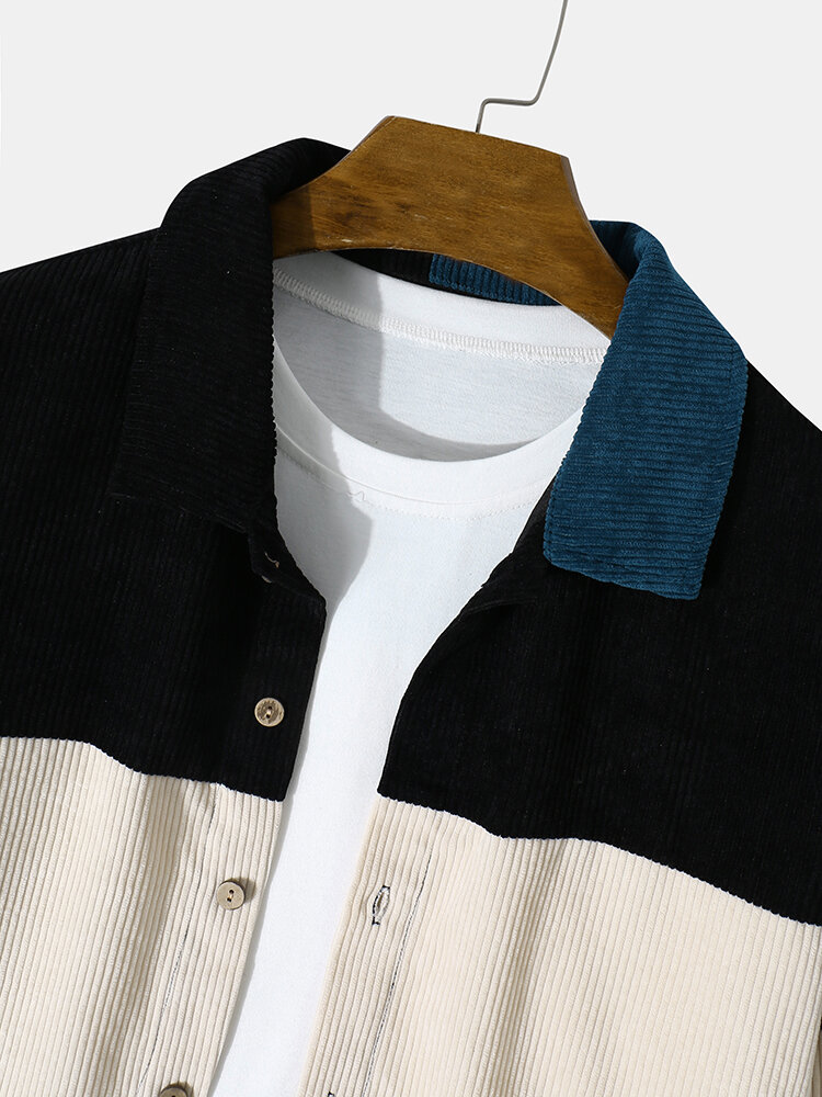 
	Mens Corduroy Color Block Panel Stitching Casual Long Sleeve Shirts
