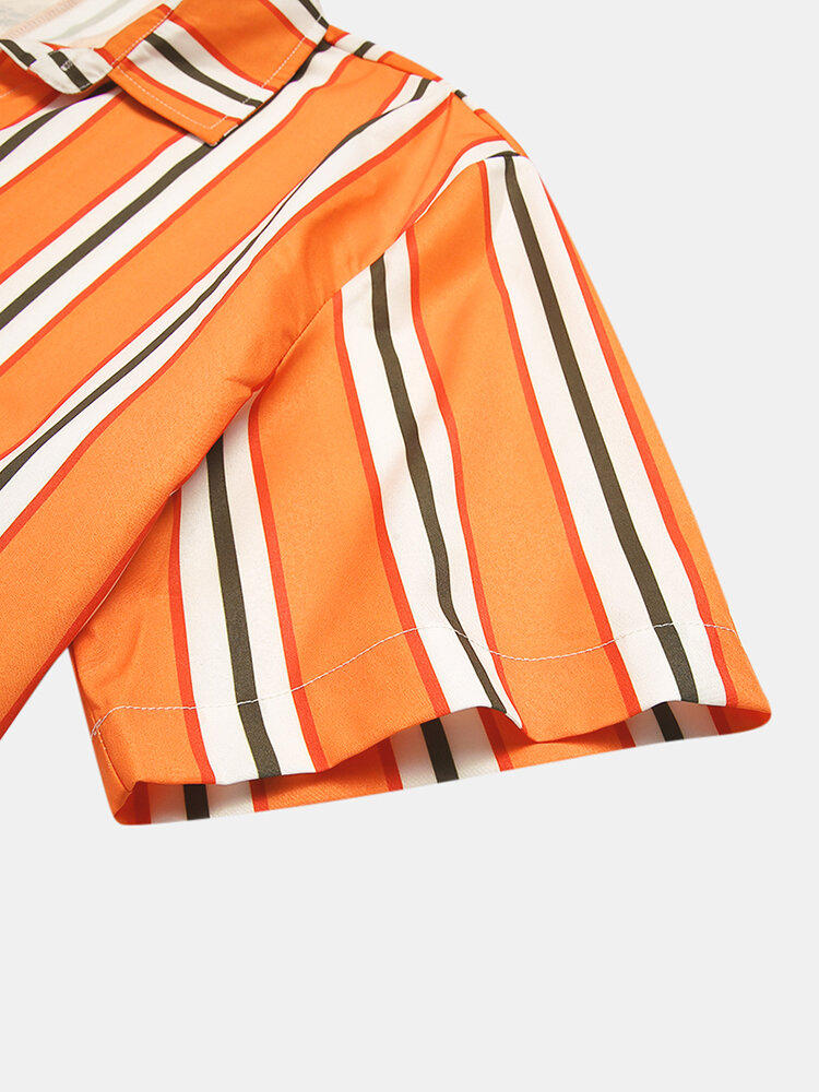 
	Men Landscape Painting Striped Patchwork Holiday Curved Hem Shirt