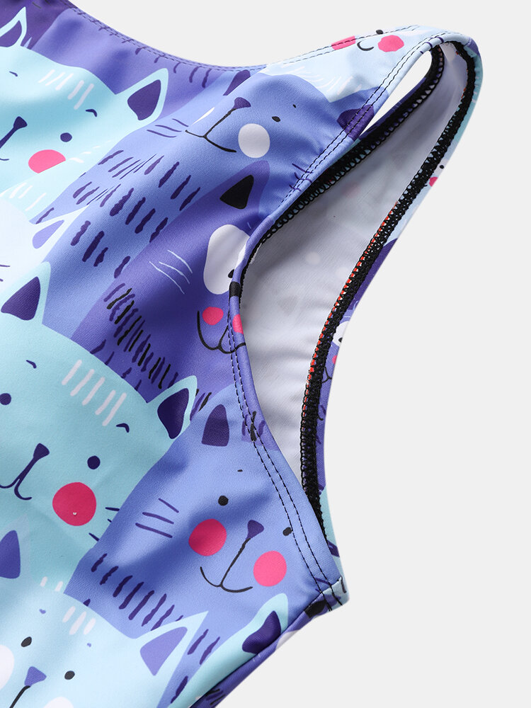 
	Women Cute Cartoon Cat Print High Neck One Piece Sleeveless Slimming Swimsuit