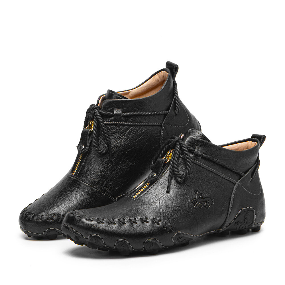
	Men Cow Leather Front Zipper Non Slip Soft Hand Stitching Ankle Boots