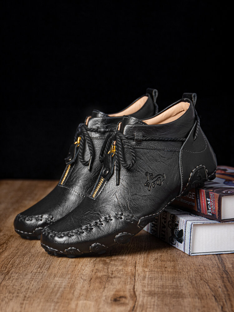 
	Men Cow Leather Front Zipper Non Slip Soft Hand Stitching Ankle Boots