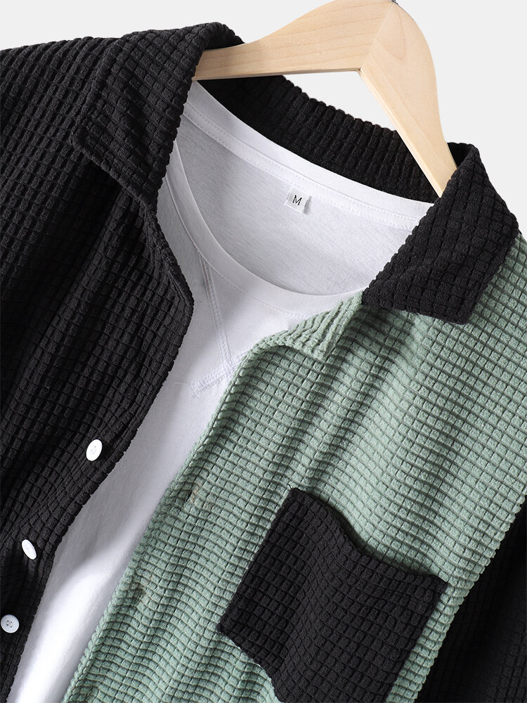 
	Mens Colorblock Patchwork Corduroy Lapel Long Sleeve Shirts With Pocket