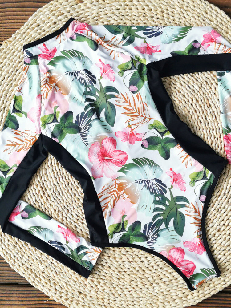 
	Women Patchwork Floral Print Zip High Neck Long Sleeve Slimming Surfing One Piece Swimwear