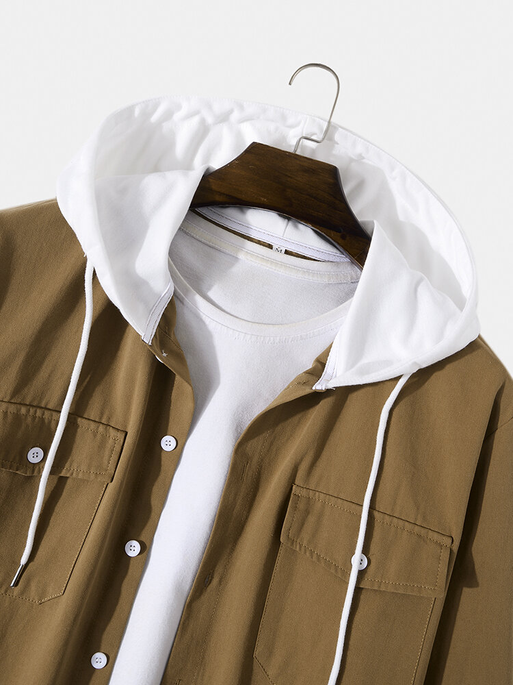 
	Mens Solid Button Up Drawstring Hooded Shirts With Flap Pocket